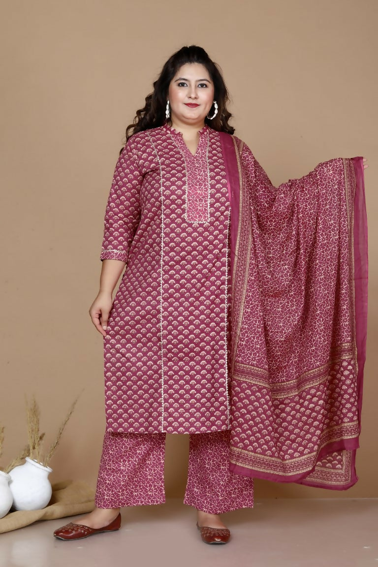 Miravan Women's Plus Size Pink Straight Floral Printed Kurta & Palazzo With Dupatta Set