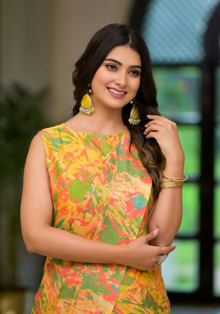 Partywear Designer Yellow Slime Georgette Fancy Saree - Anbazaar