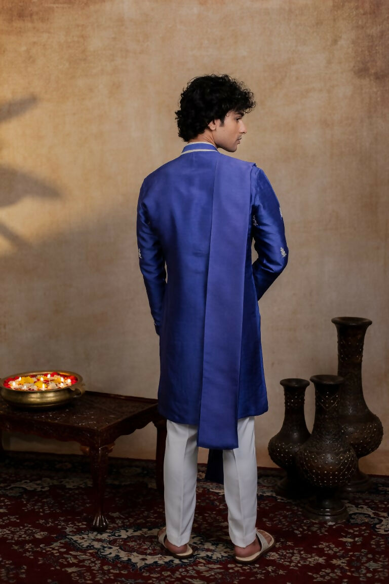 Falling Raw Silk Dark Blue Silver Stitches Kurta Set By Hilo Design