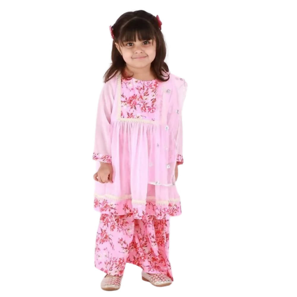 Little Bansi Girls Pink Floral print Kurta Frock with Floral Plazzo and Dupatta