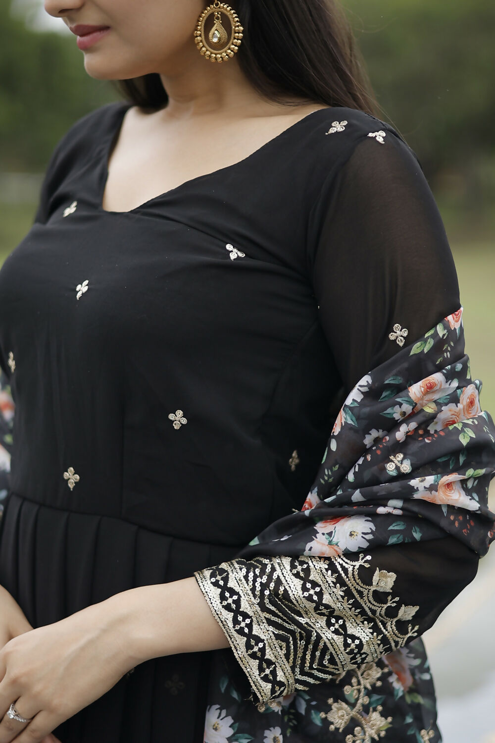 Aayaa Designer Embroidery Zari Sequins-Work Faux Blooming Georgette Suit - Black - Distacart