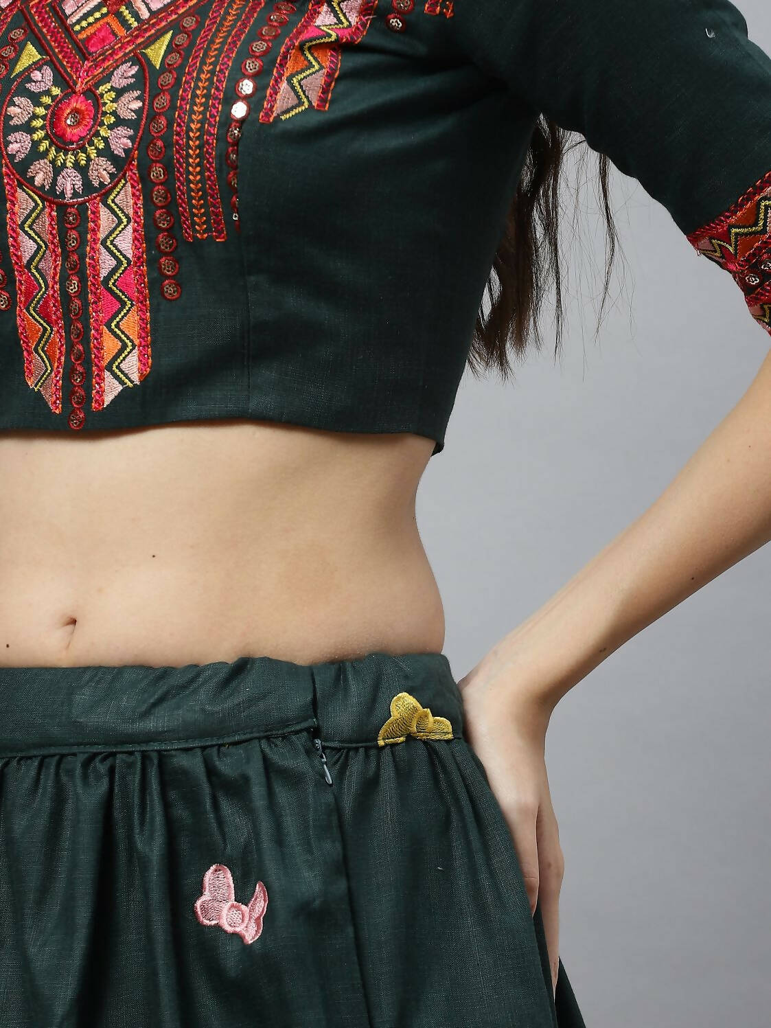 Dark Green Cotton Embroidered Work Lehenga Choli with Dupatta - Jivika