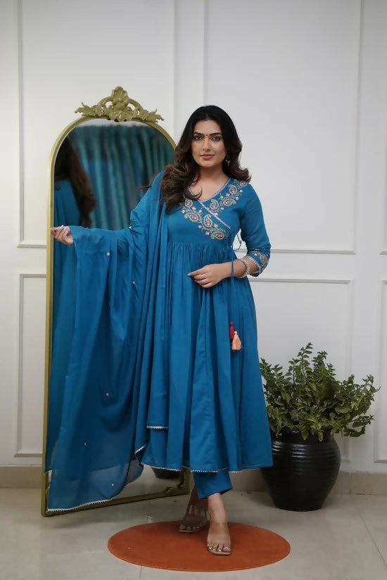 The52 Petrol Women's Beautiful Parampara Fabric Embroidered Work Flared Kurta Pant and Dupatta Set - Distacart