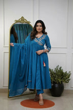 The52 Petrol Women's Beautiful Parampara Fabric Embroidered Work Flared Kurta Pant and Dupatta Set - Distacart