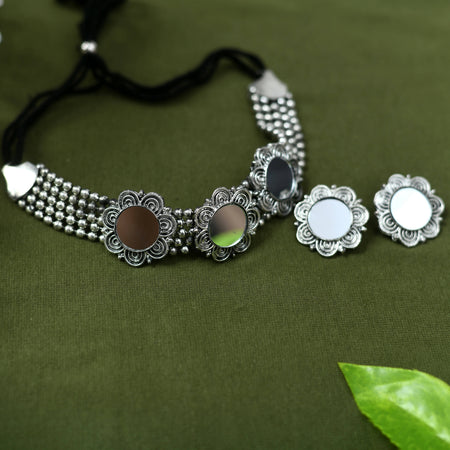 Mominos Fashion Johar Kamal Oxidised Silver-Plated Mirror Design Necklace Choker Set For Women