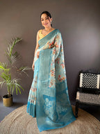 Joban Fashion Sky Blue Floral Motifs Banarasi Silk Sarees