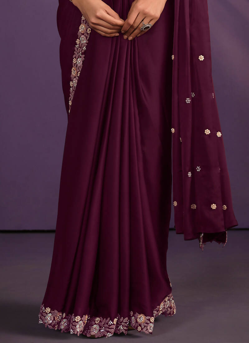 Wine Crepe Satin Silk Embroidered Saree With Stitched Blouse - Mohmanthan Exotica - Distacart
