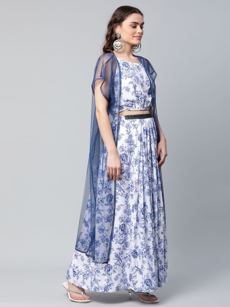 Ahalyaa Women Blue Crepe Printed Top with Skirt with Net Overlay - Distacart