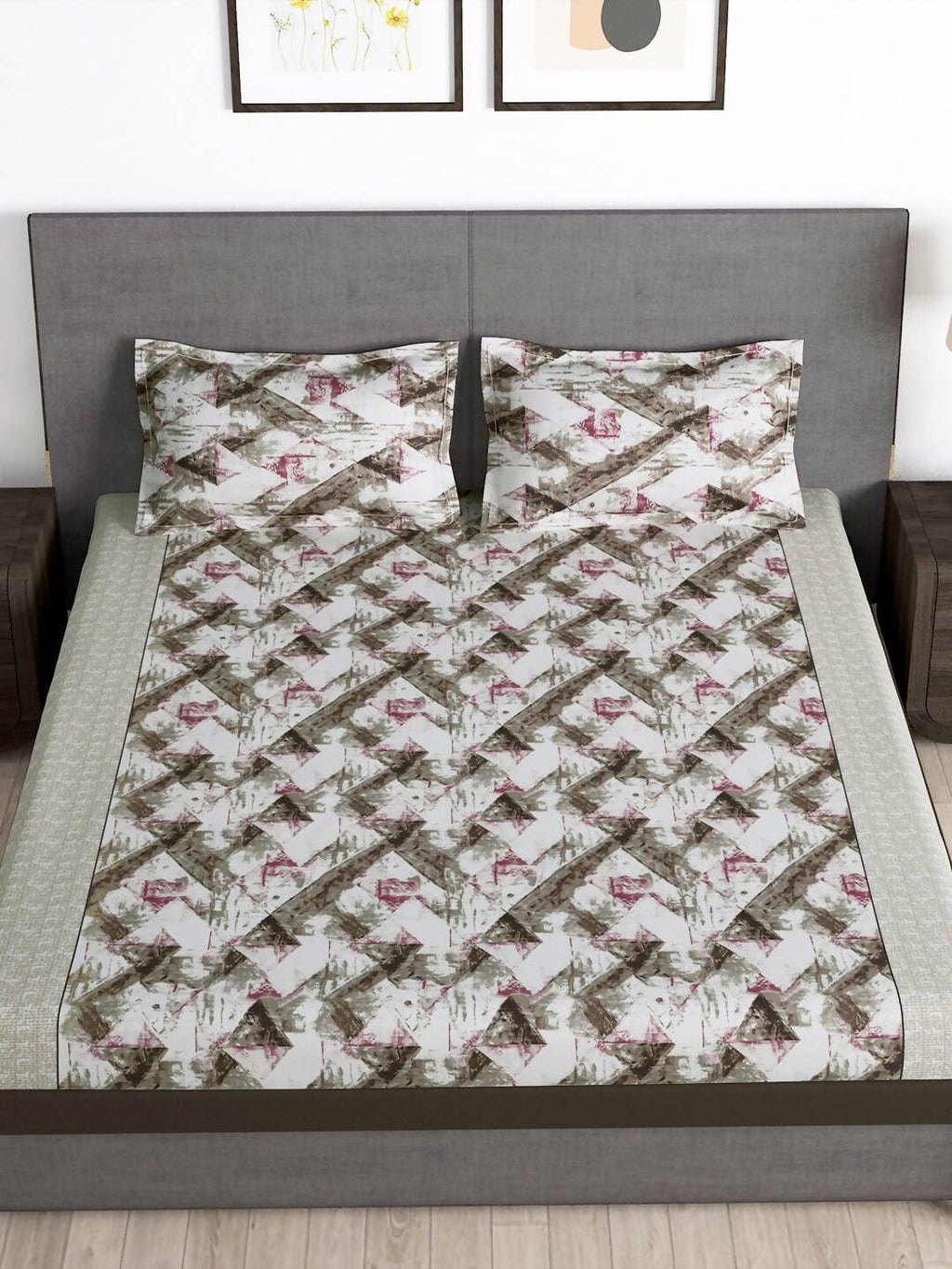 Story@home Brown & Pink Abstract Microfiber 180 TC Bedsheet With Pillow Cover