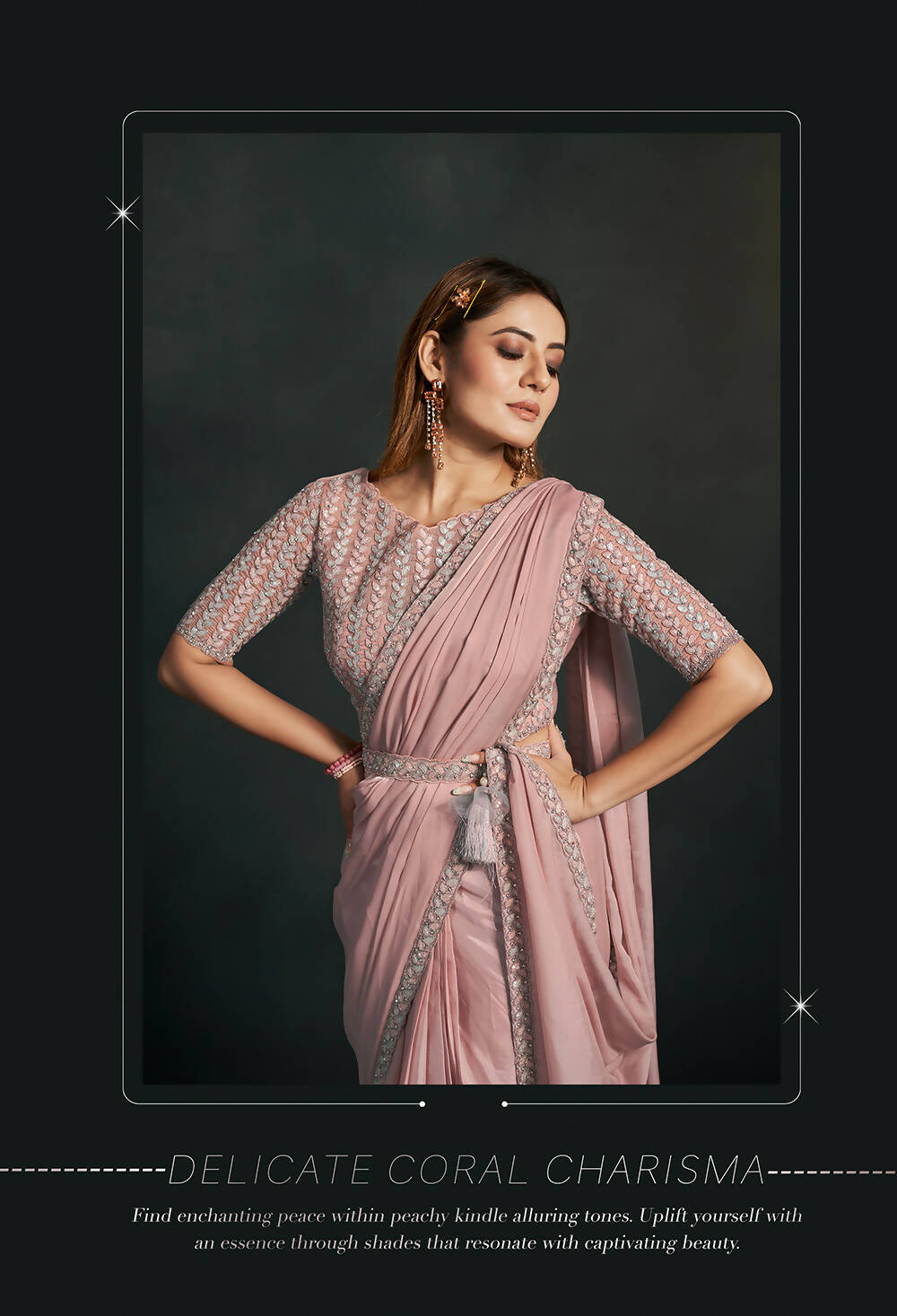Coral Organza Silk Crepe Cord Sequence & Thread Embroidered & Stone Work Saree - Moh-Manthan Royal Enigma