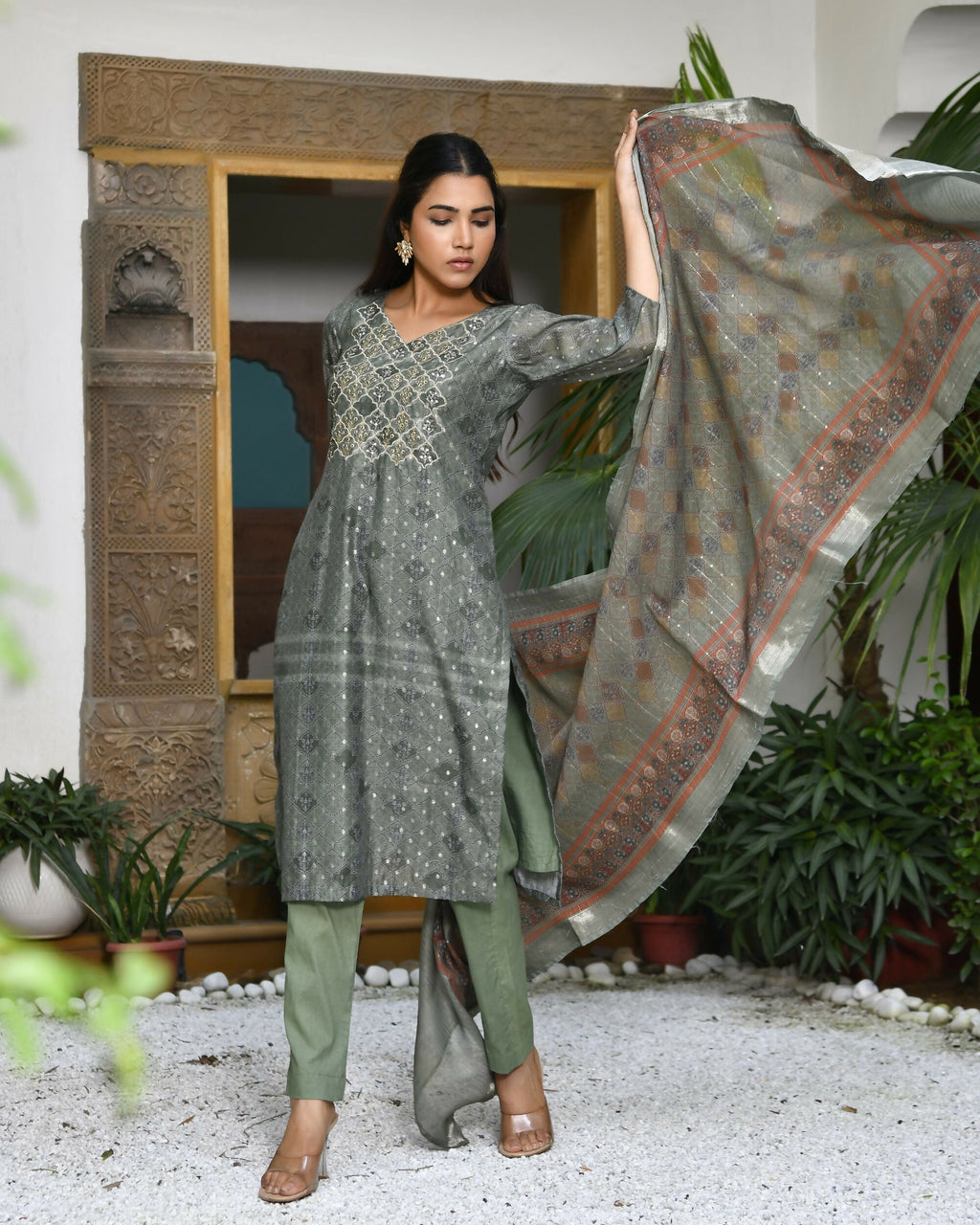 Vaasva Women's Chanderi Printed Suit Set With Pant And Printed Dupatta