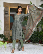 Vaasva Women's Chanderi Printed Suit Set With Pant And Printed Dupatta