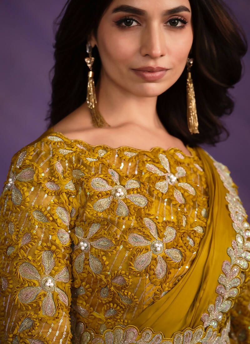 Mustard Crepe Satin Silk Embroidered Saree With Stitched Blouse - Mohmanthan Exotica