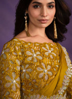Mustard Crepe Satin Silk Embroidered Saree With Stitched Blouse - Mohmanthan Exotica