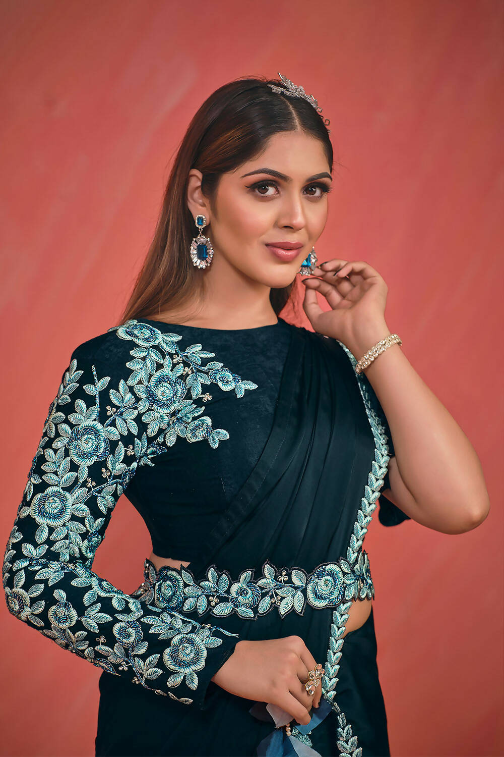 Dark Teal Crepe Silk Satin Thread & Stone with Kardana work Saree With Stitched Blouse - Mohmanthan Elegancia