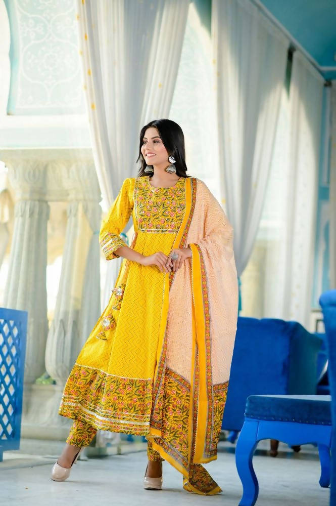 Yufta Women Yellow Handblock Anarkali Kurta with Trouser & Dupatta