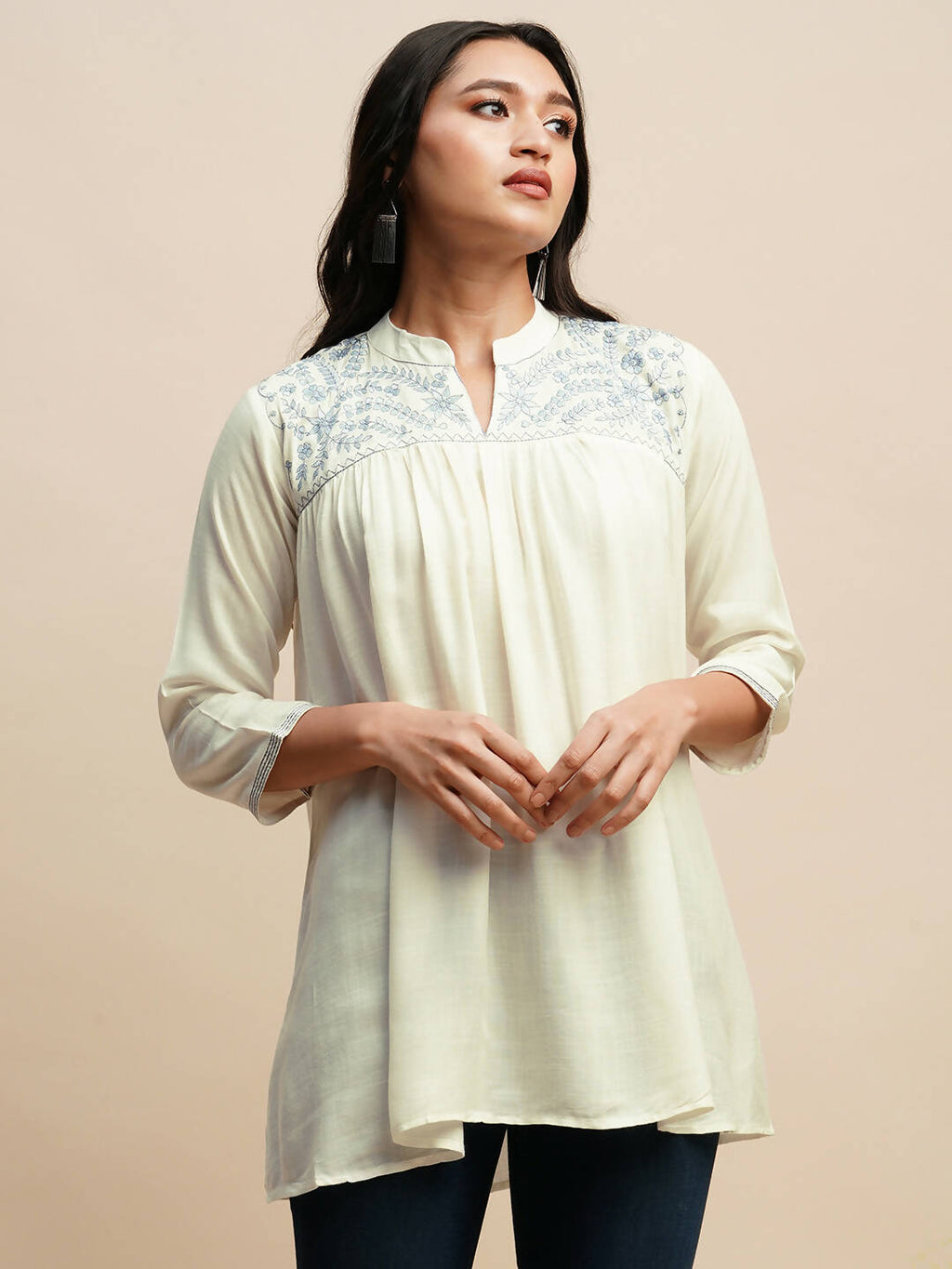 White Rayon Embroidered Top - Tarini