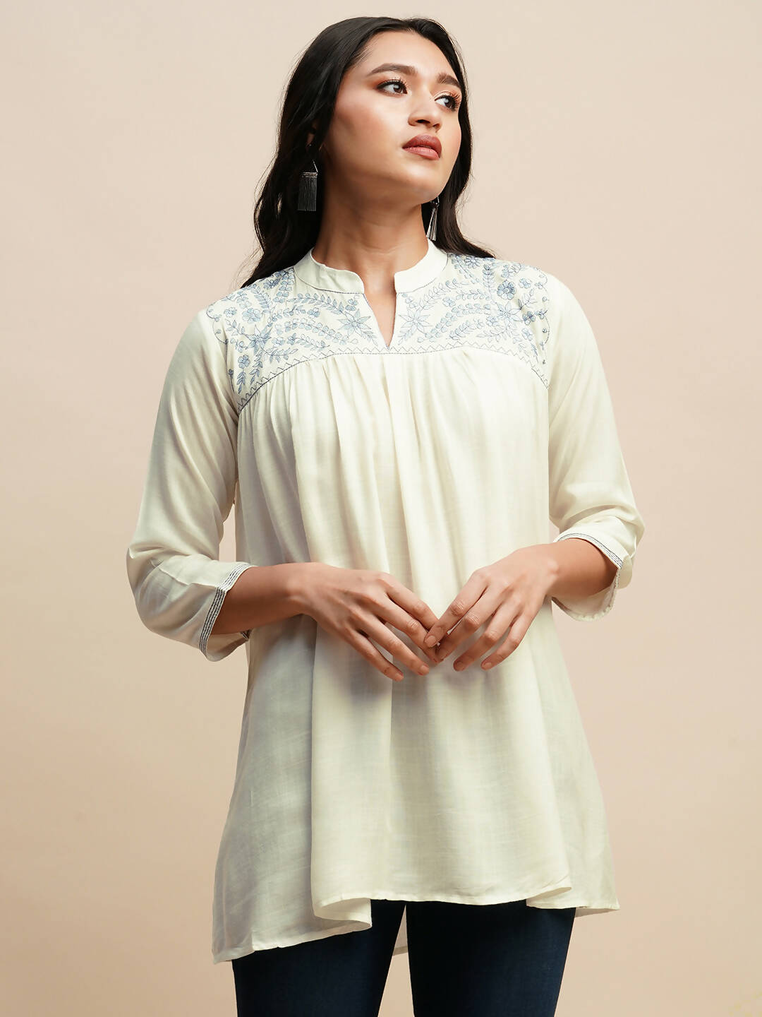White Rayon Embroidered Top - Tarini