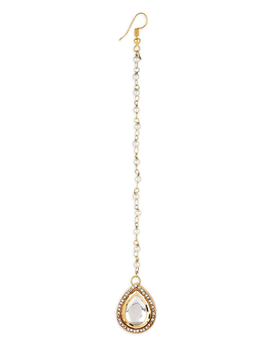 Gold-Plated White Kundan-Studded Pearl Beaded Maang Tikka - Ruby Raang - Distacart