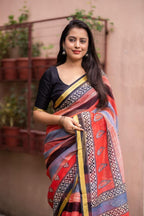 Red Silk Blend Geometric Saree with Unstitched Blouse - Hiral Fashion