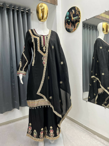 Teeya Creation Black Color Chinon Silk Party Wear Trending Palazzo Set