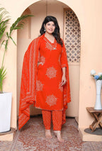 Miravan Womens Floral Printed Straight Fit Kurta With Palazzo And Dupatta - Orange - Distacart