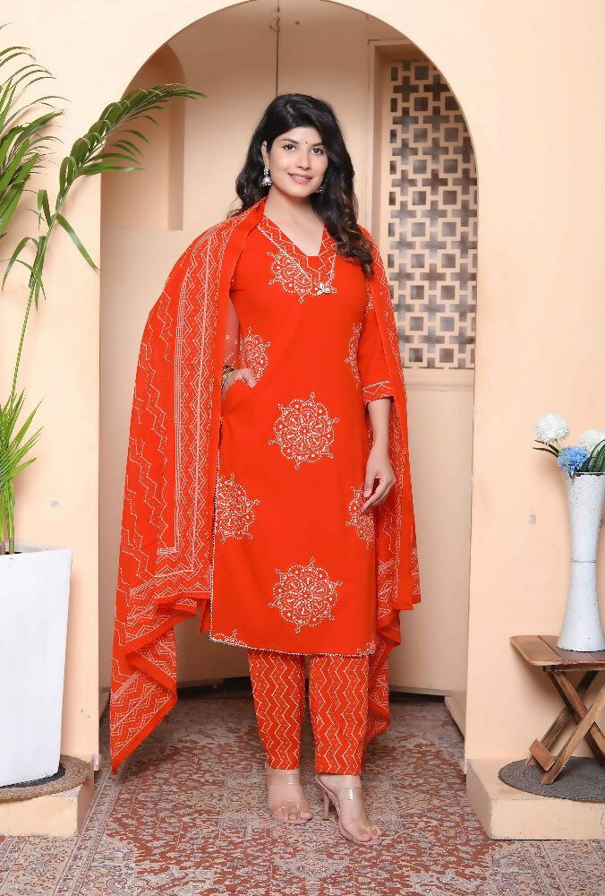 Miravan Womens Floral Printed Straight Fit Kurta With Palazzo And Dupatta - Orange - Distacart
