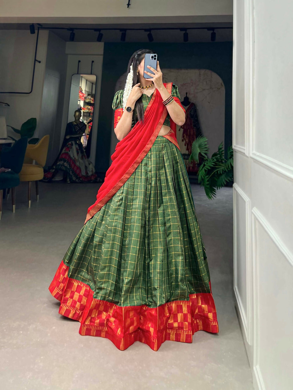 Vastranavya South Indian Style Lehenga Choli - Green