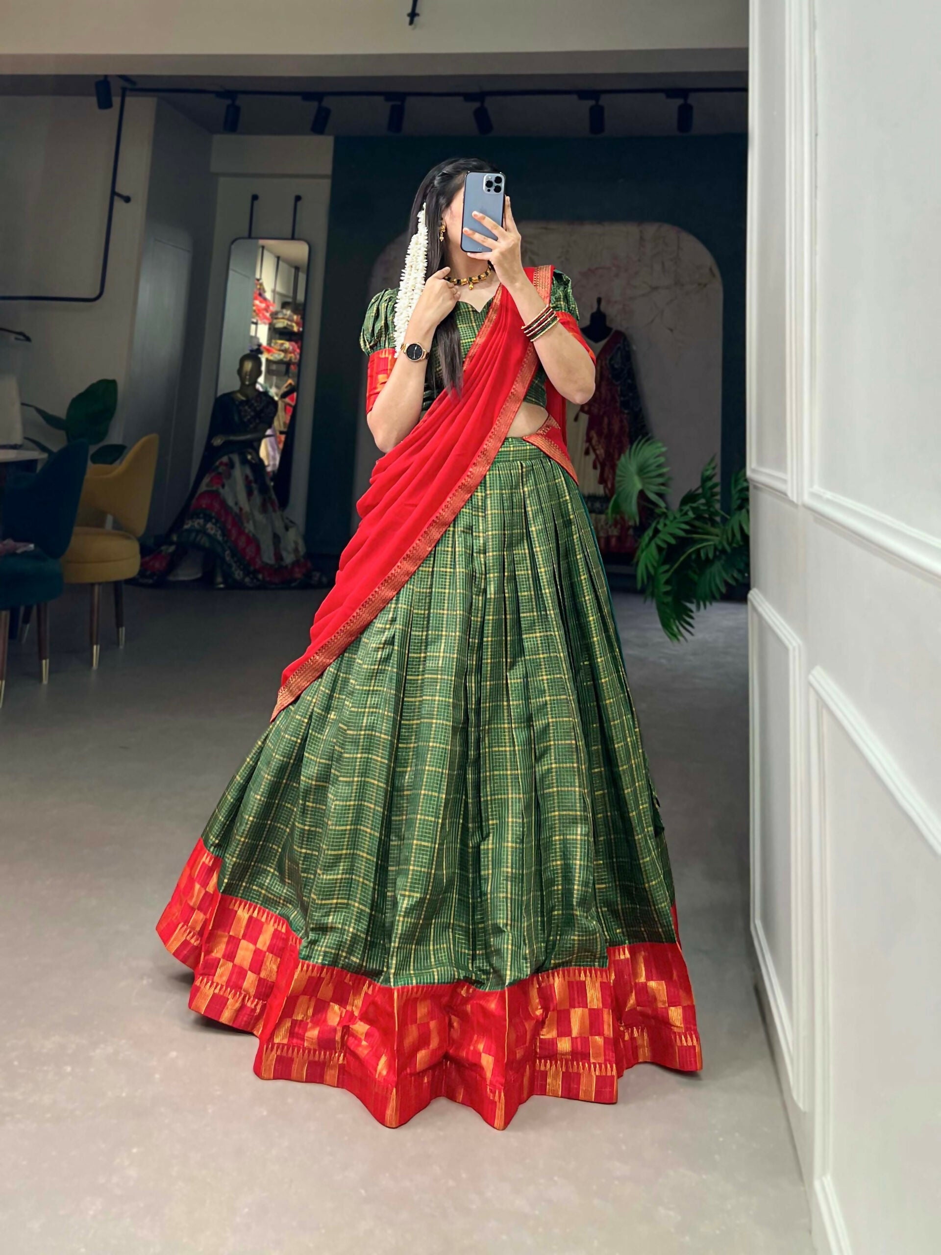 Vastranavya South Indian Style Lehenga Choli - Green