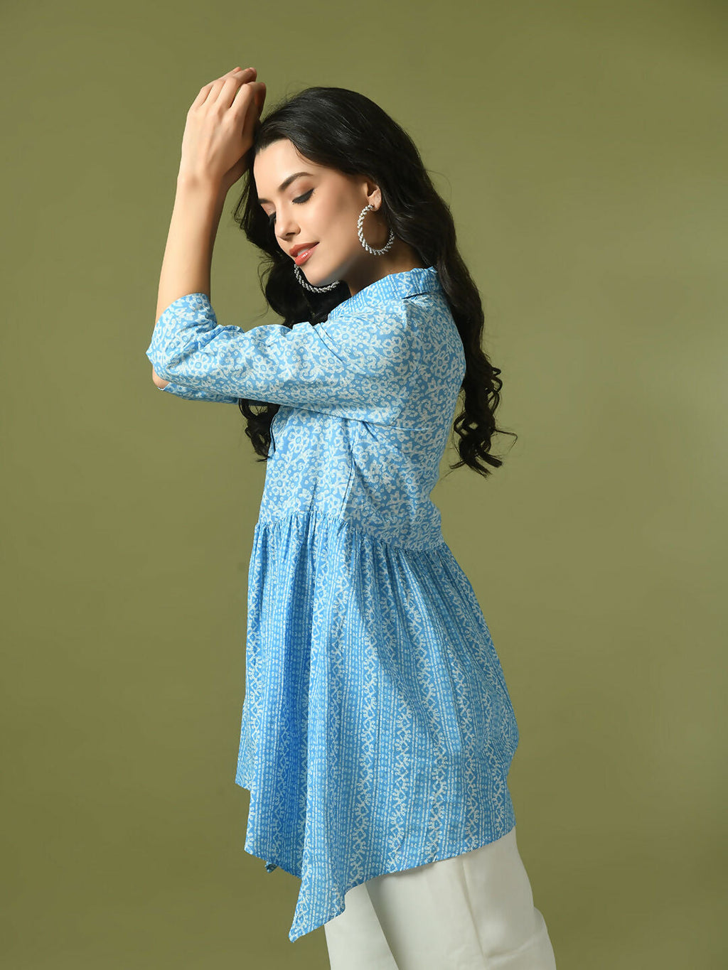 Myshka Women's Blue Embellished Cotton Gathered Party Empire Top