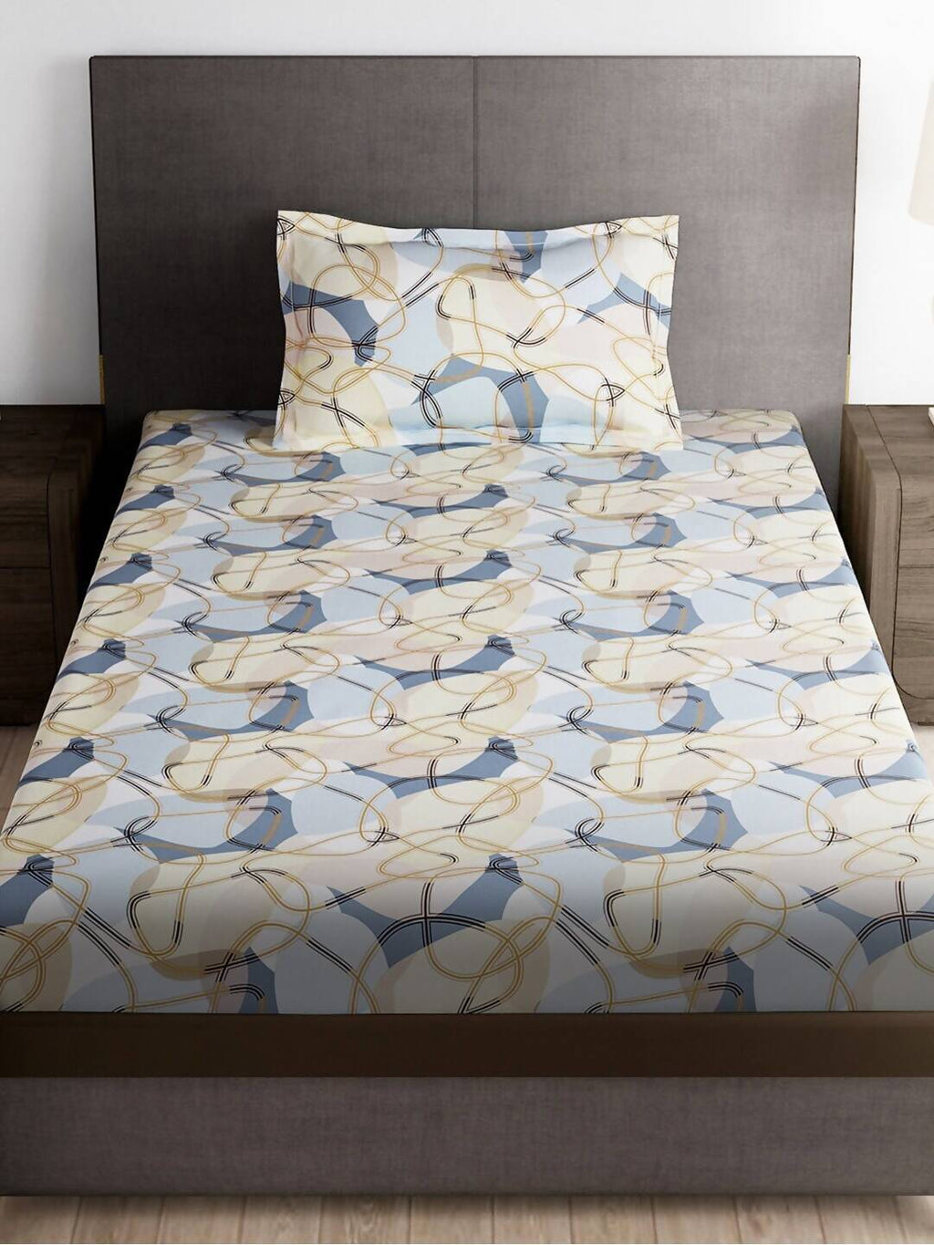 Story@home Arena Cream-Coloured & Grey Printed 180 TC Bedsheet & Pillow Covers - Distacart