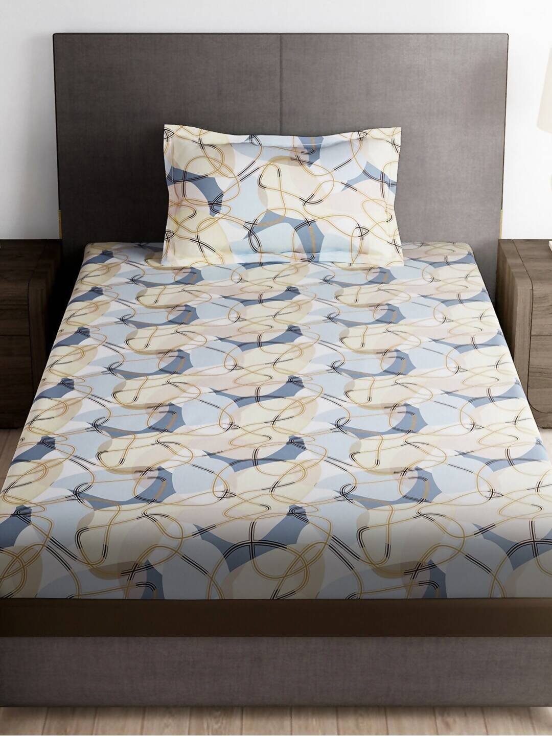 Story@home Arena Cream-Coloured & Grey Printed 180 TC Bedsheet & Pillow Covers - Distacart