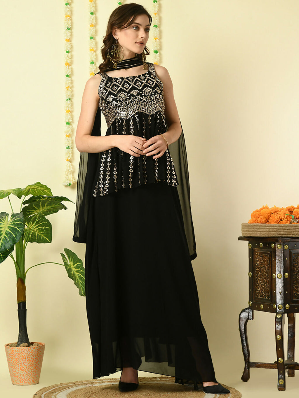 Myshka Women's Black Georgette Top & Skirt With Dupatta Party Sets