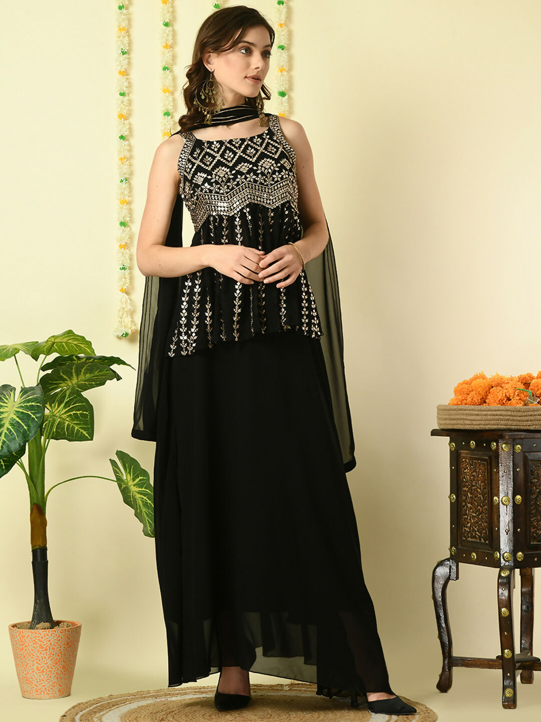 Myshka Women's Black Georgette Top & Skirt With Dupatta Party Sets