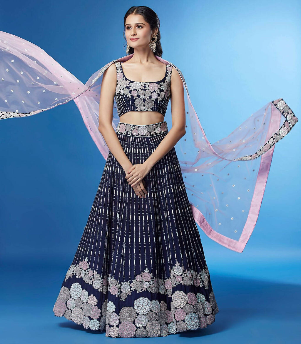 House of Panchhi Navy Blue Color Georgette Multi-Sequins Work Lehenga