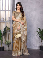 Vastranavya Beige Embroidery Work Shimmer Chiffon Saree with Unstitched Blouse - Distacart