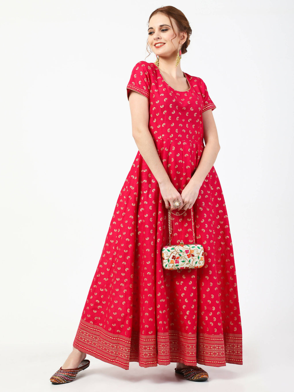 Cheera Women's Deep Pink Cotton & Silk Hand Block Print Long Dress With Silk Dupatta Set