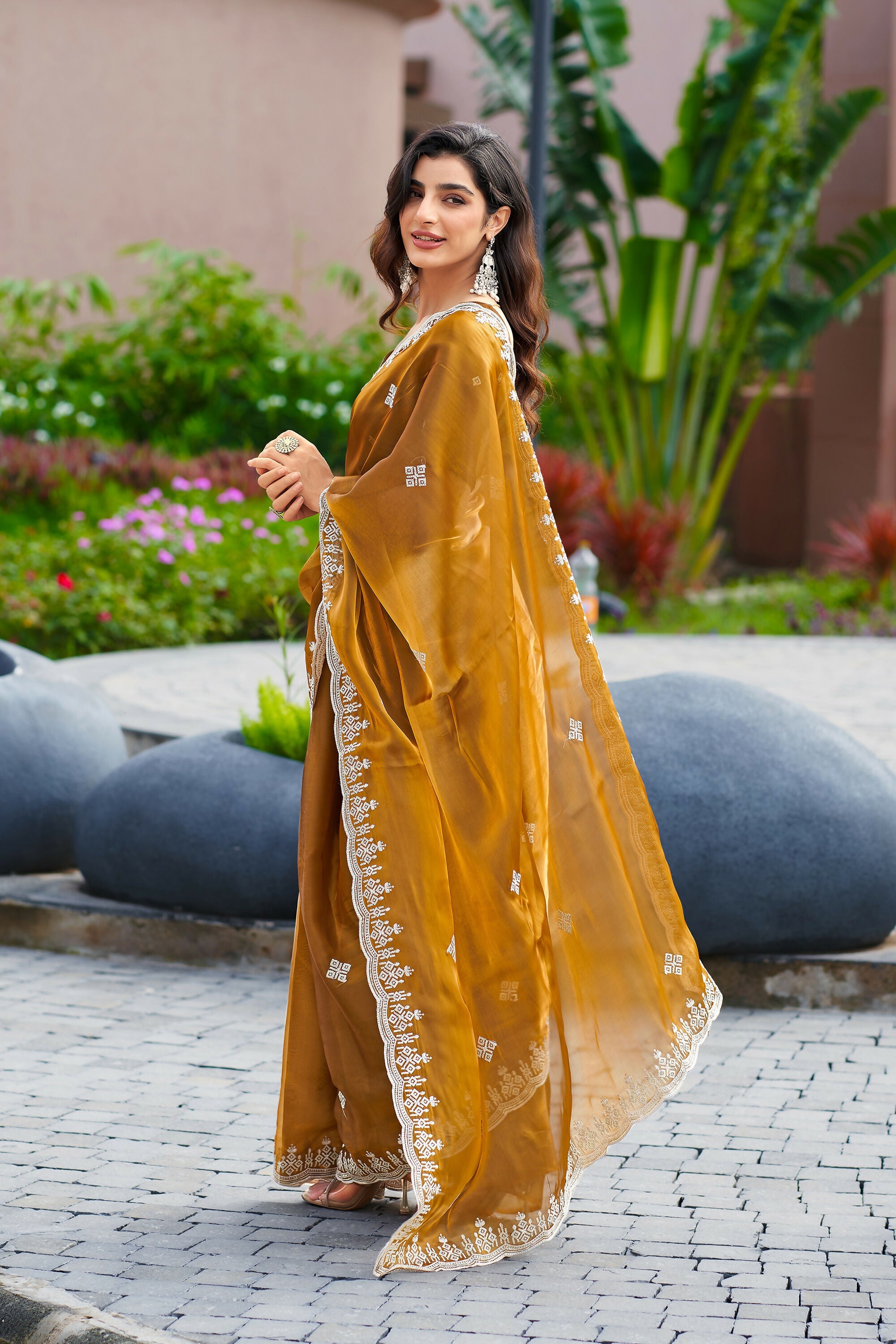 Vastranavya Brown Embroidery Work Shimmer Chiffon Saree with Unstitched Blouse - Distacart