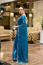Vastranavya Sea Blue Embroidery Work Shimmer Chiffon Saree with Unstitched Blouse - Distacart