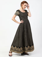 Cheera Women's Black Cotton Hand Block Print Long Dress With Silk Dupatta Set