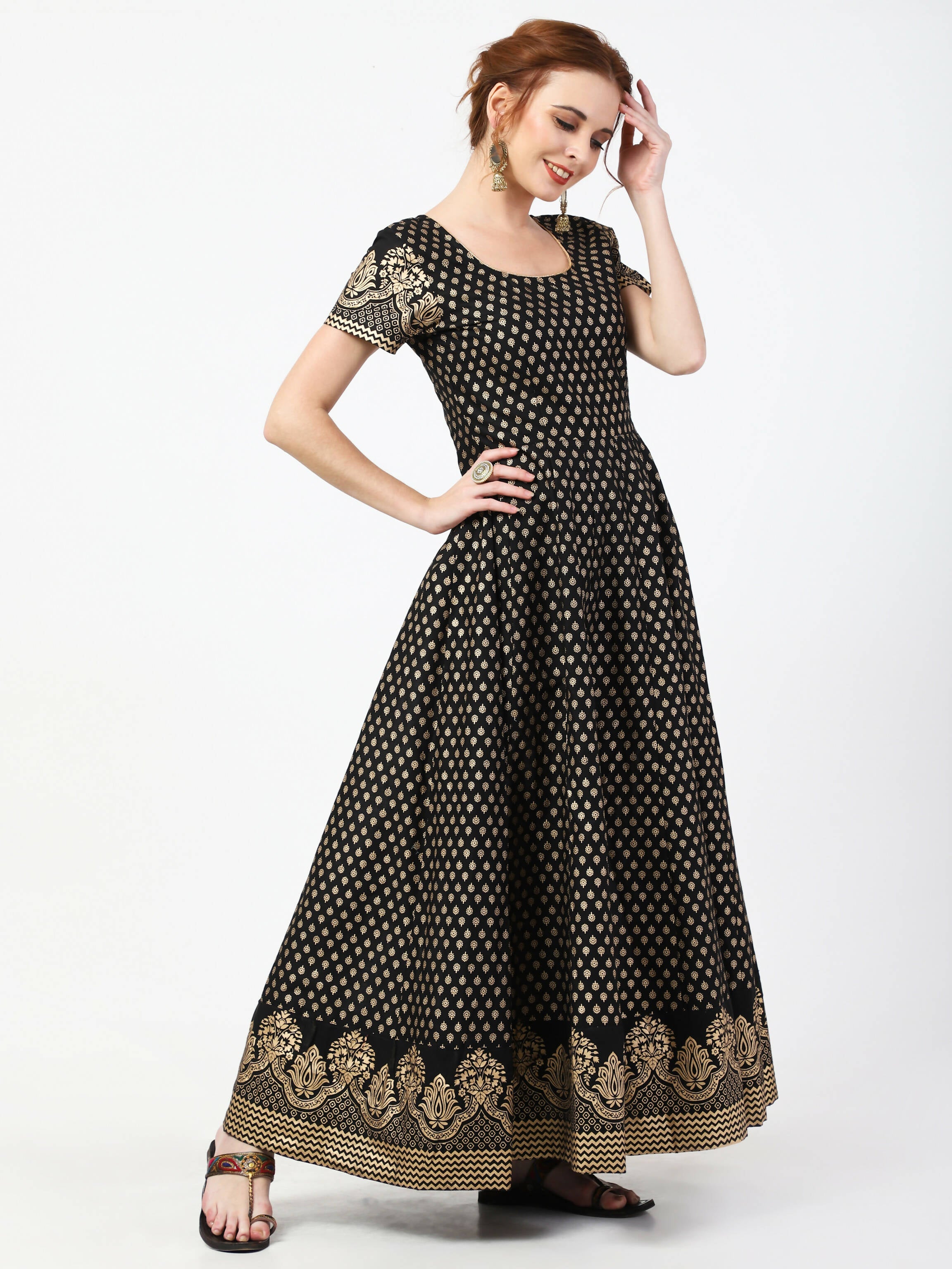 Cheera Women's Black Cotton Hand Block Print Long Dress With Silk Dupatta Set