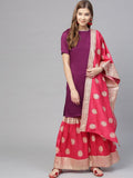 Ahalyaa Women's Purple Poly Silk Solid Kurta and Red Printed Sharara With Dupatta