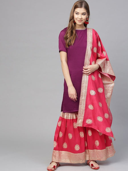 Ahalyaa Women's Purple Poly Silk Solid Kurta and Red Printed Sharara With Dupatta