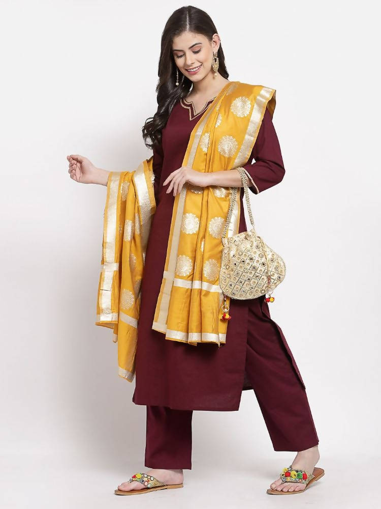Myshka Women's Beautiful Burgundy Cotton Solid 3/4 Sleeve Square Neck Casual Kurta Pant Dupatta Set
