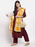 Myshka Women's Beautiful Burgundy Cotton Solid 3/4 Sleeve Square Neck Casual Kurta Pant Dupatta Set
