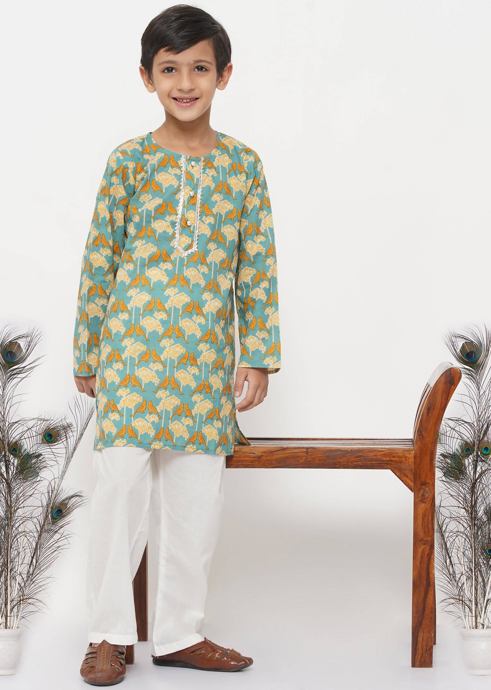 Little Bansi Boys Cotton Bird Print Kurta with Pearl Buttons & Pyjama -Blue & Cream