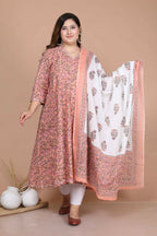 Miravan Women's Plus Size Surpassing Orange Partywear Floral Printed Anarkali Kurta Dupatta 