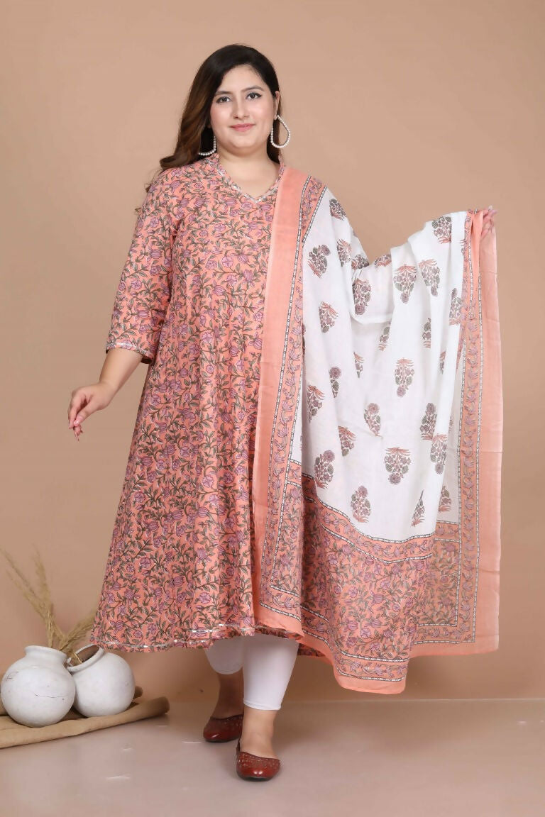 Miravan Women's Plus Size Surpassing Orange Partywear Floral Printed Anarkali Kurta Dupatta 