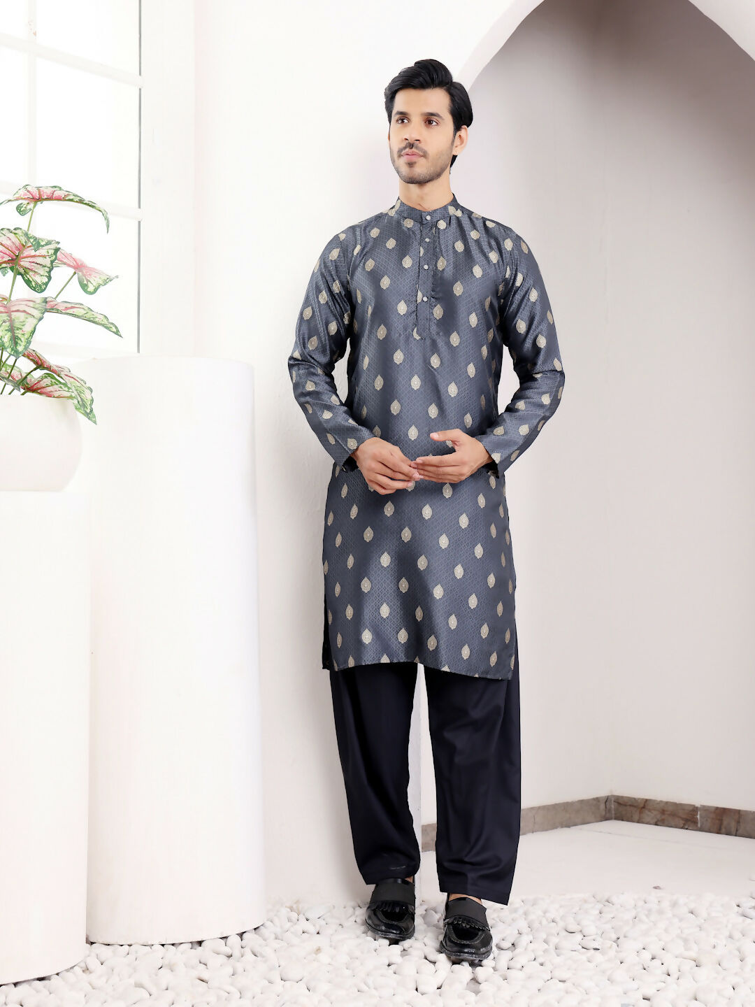 Navy Blue Viscose Woven Jacquard Work Men's Kurta - Mahotsav