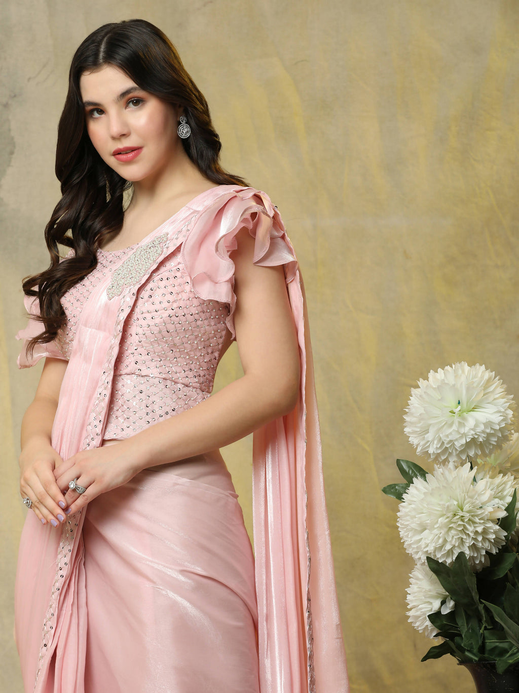 Pink Silk Satin Sequence Work Ready to Wear Saree with stitched Blouse - Nirvana
